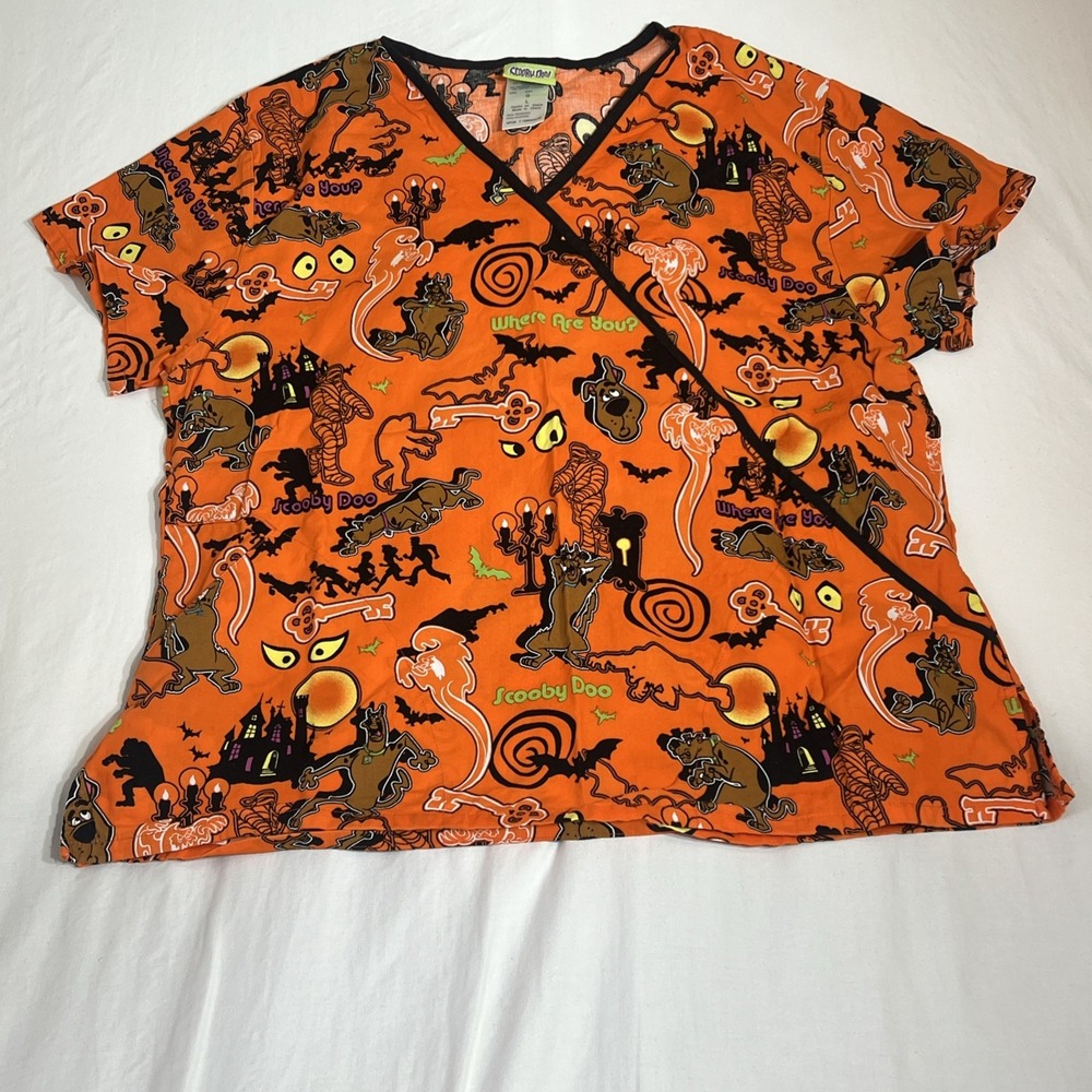 Scooby-Doo Halloween Scrub Top Womens Large Orange Ghost Mummy Mock Wrap V-Neck